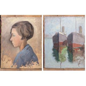 Huile 1920-30 double face - Portrait / bateaux - attribué Le Faguays ou Guerbe