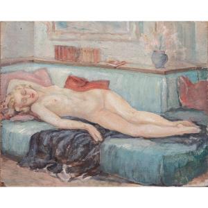 Nu endormi au sofa - huile sur panneau 1930 - 