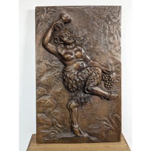 Drunken Fauness, Carved Walnut Relief, Circa 1850