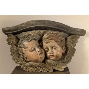 Two Winged Cherubs, Polychrome Wood, France, Mid-18th Century.