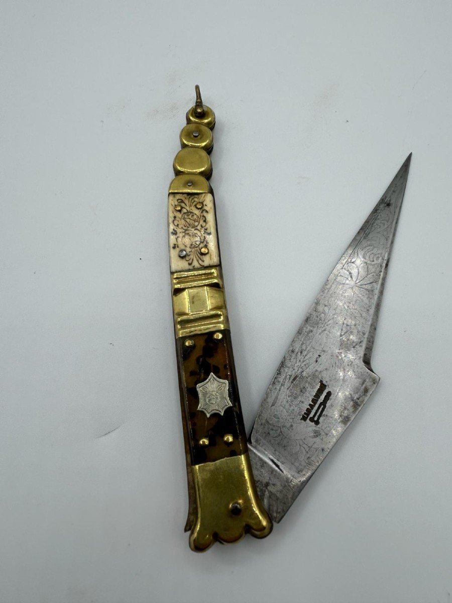 French Ink-painted Bone Brass Knife-photo-3