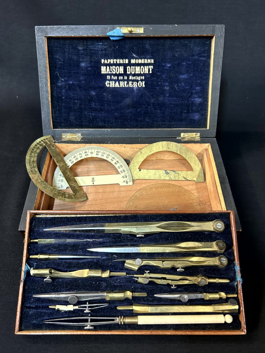 Wooden Box Containing Compasses And Set Squares
