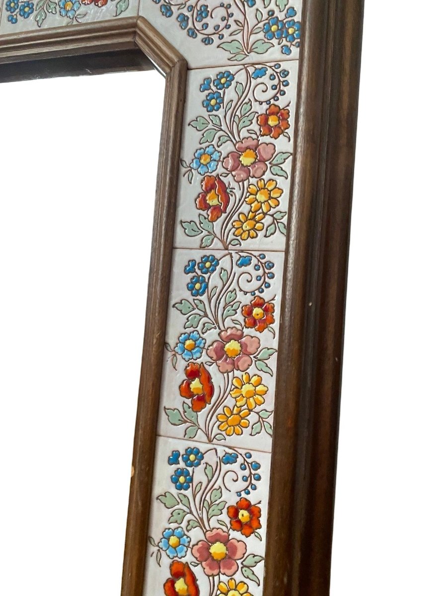 Rectangular Mirror Made Of Wood And Colorful Ceramic Tiles - 68 Cm X 84 Cm - Circa 1970-photo-2