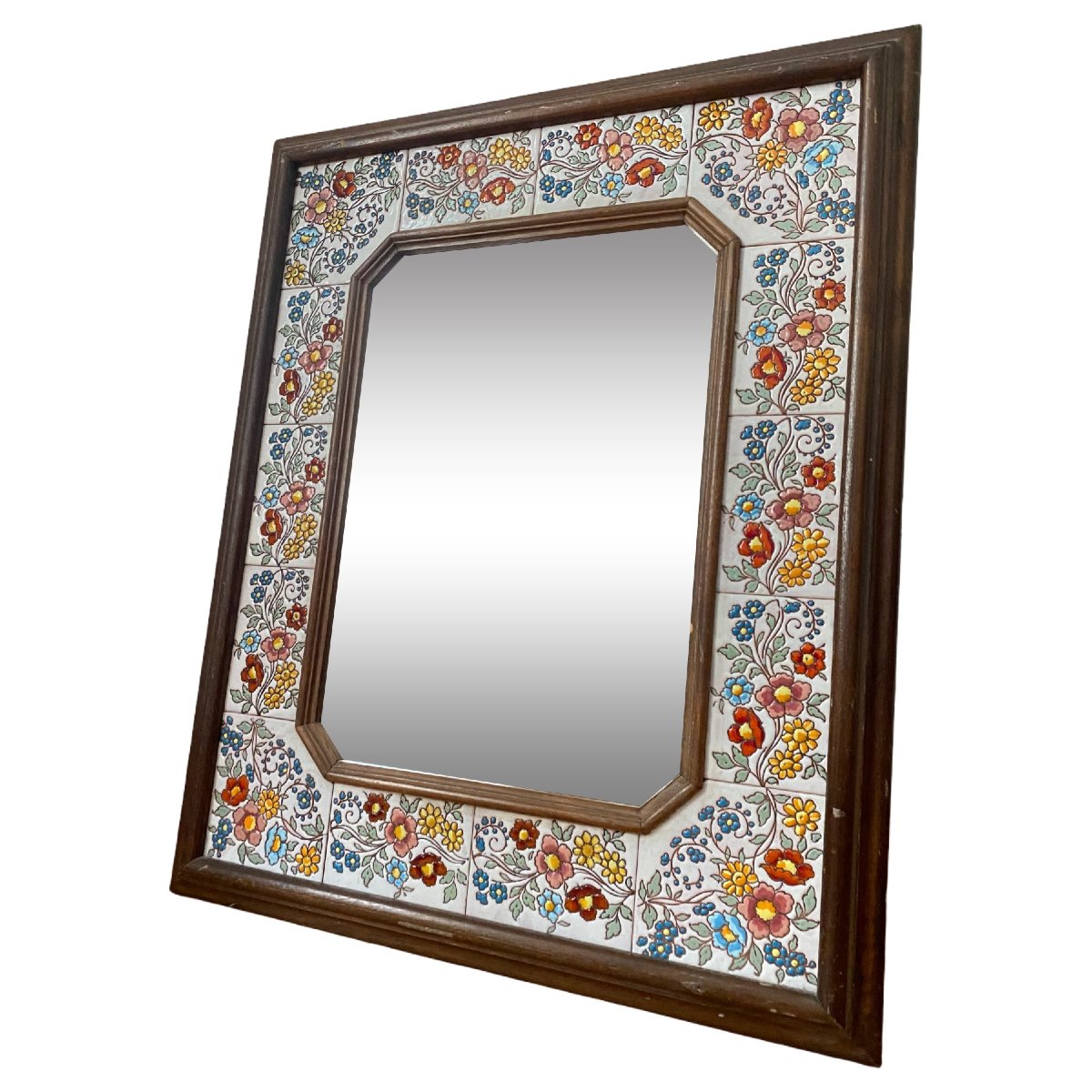 Rectangular Mirror Made Of Wood And Colorful Ceramic Tiles - 68 Cm X 84 Cm - Circa 1970