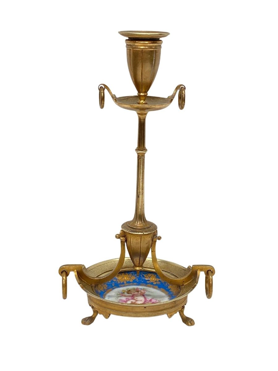 Gilded Bronze And Porcelain Candlestick - 19th Century - 25 Cm