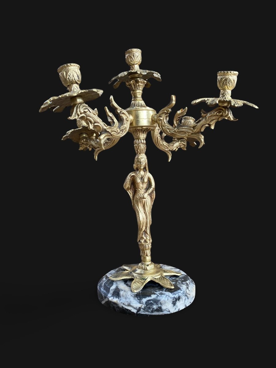 Paire de Candélabres en Bronze Doré et Marbre Circa 1900 - Hauteur 35cm-photo-2