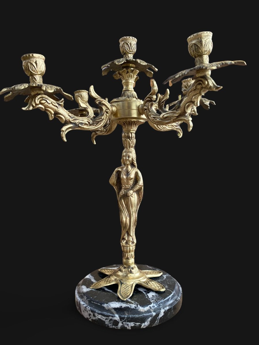Paire de Candélabres en Bronze Doré et Marbre Circa 1900 - Hauteur 35cm-photo-1
