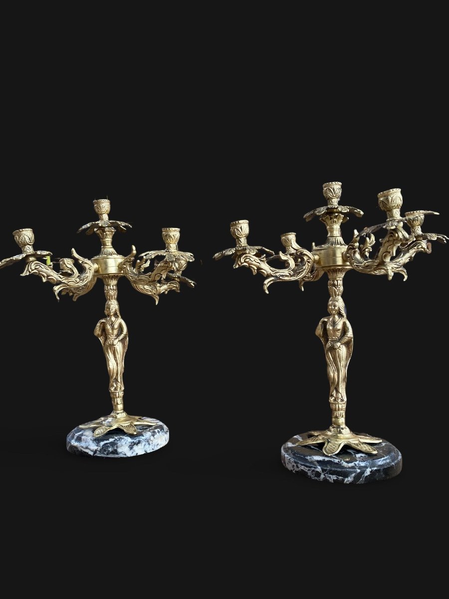 Paire de Candélabres en Bronze Doré et Marbre Circa 1900 - Hauteur 35cm