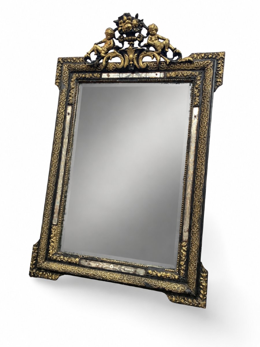 Grand Miroir d'Epoque Napoléon III en Bois Noirci et Doré - 85x125cm