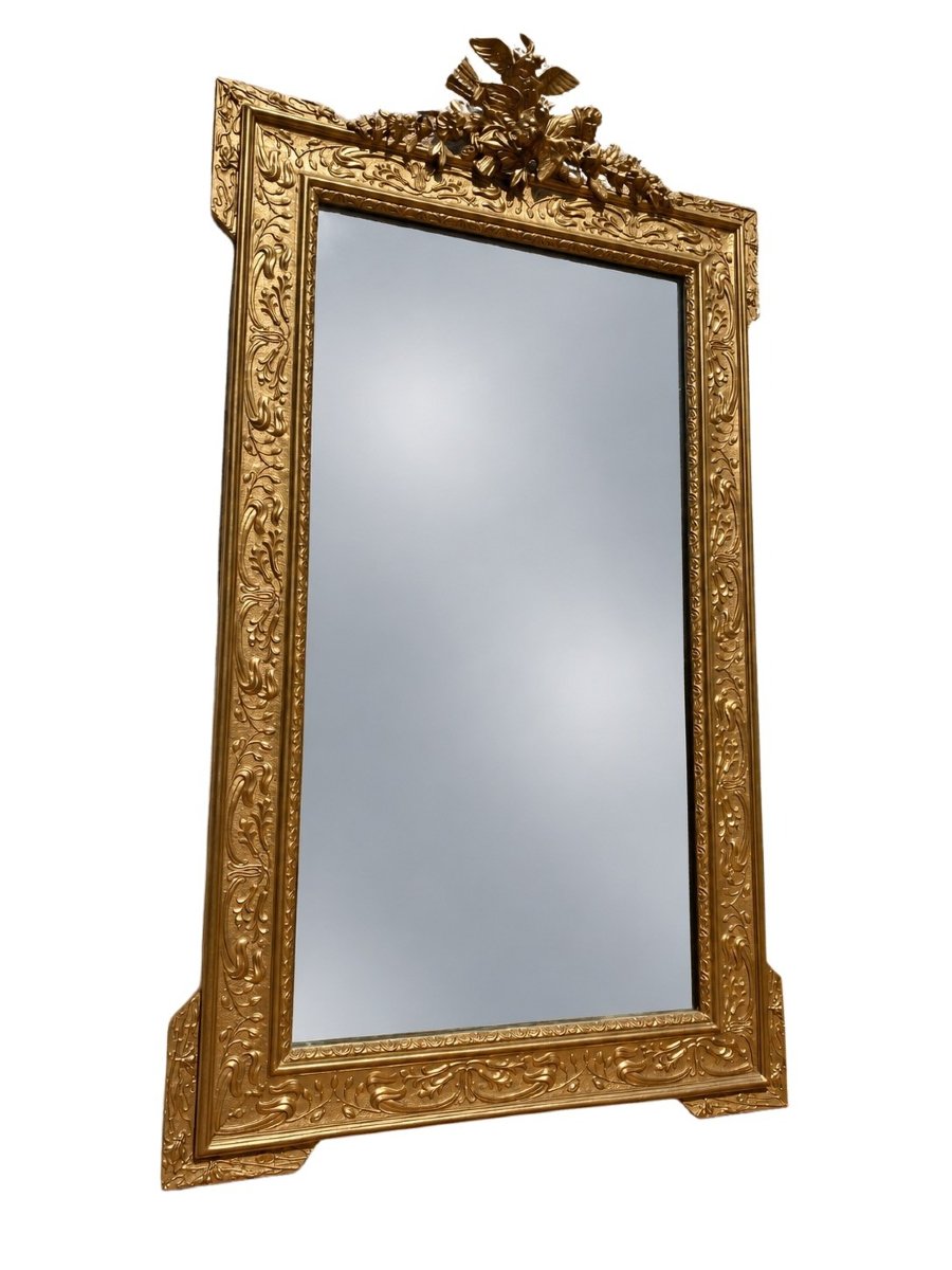 Large Louis XVI-style Wooden Mirror With Stucco And Gilding - 80x145 Cm - 19th Century
