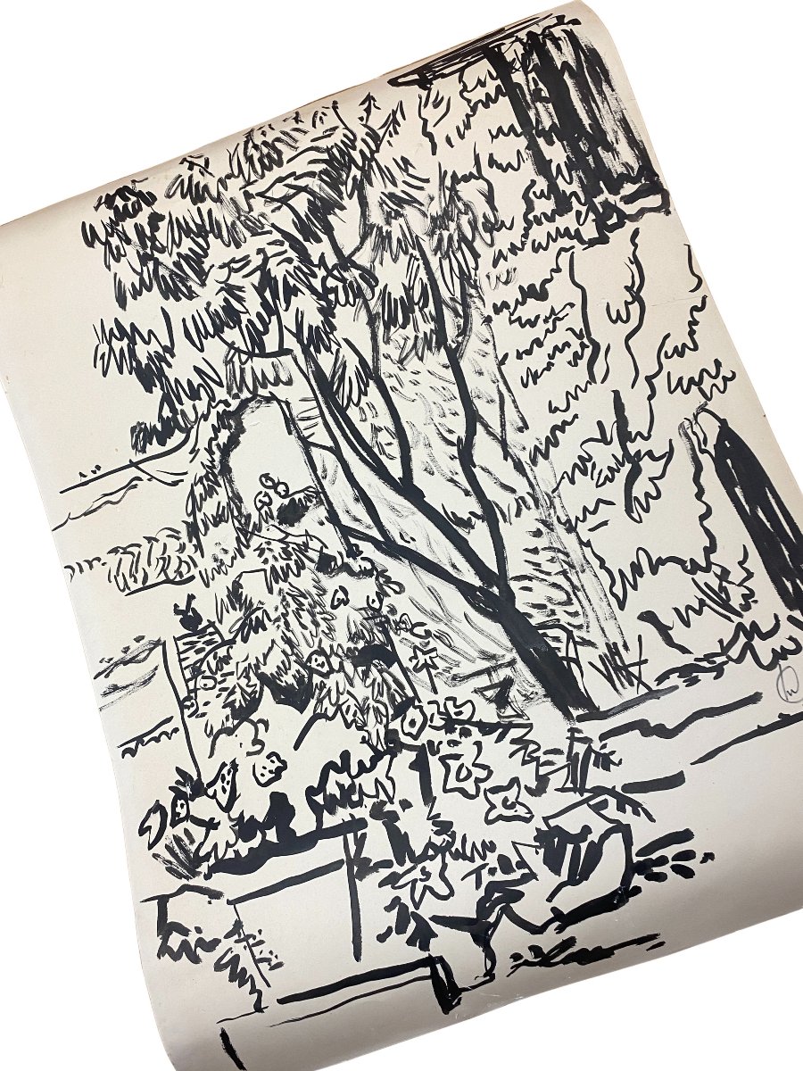 Micheline Colin (1925–2017)  "garden" - Charcoal On Paper - 50x66 Cm-photo-1
