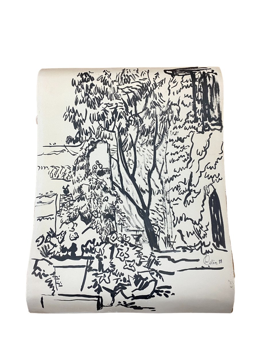 Micheline Colin (1925–2017)  "garden" - Charcoal On Paper - 50x66 Cm