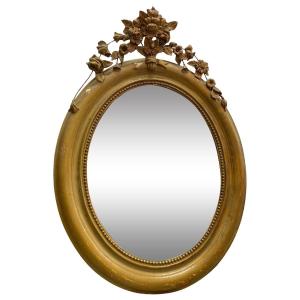 Miroir Mural Oval en Bois Stuqué et Doré - XIXème siècle - 65cm x 95cm