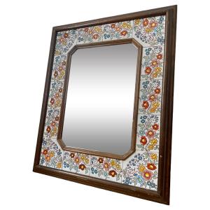 Miroir Rectangulaire en Bois et Carreaux de Faïences Colorés - 68cm x 84cm - Circa 1970