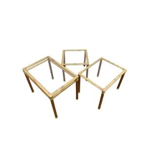 Suite de 3 Tables Gigognes Italiennes années 80, Plaquées Laiton