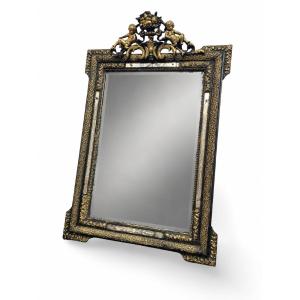 Large Napoleon III-era Mirror In Blackened And Gilded Wood - 85x125 Cm