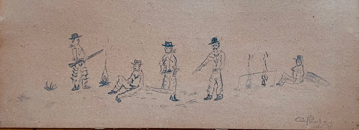 COW BOYS AUTOUR D'UN FEU DE BOIS 