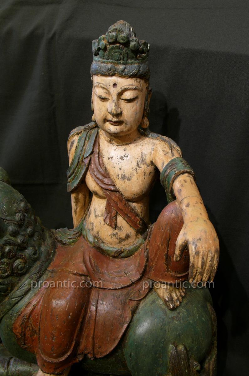 Wood Sculpture Of Avalokitesvara Sitting On The Lion. China, 17 Century-photo-3