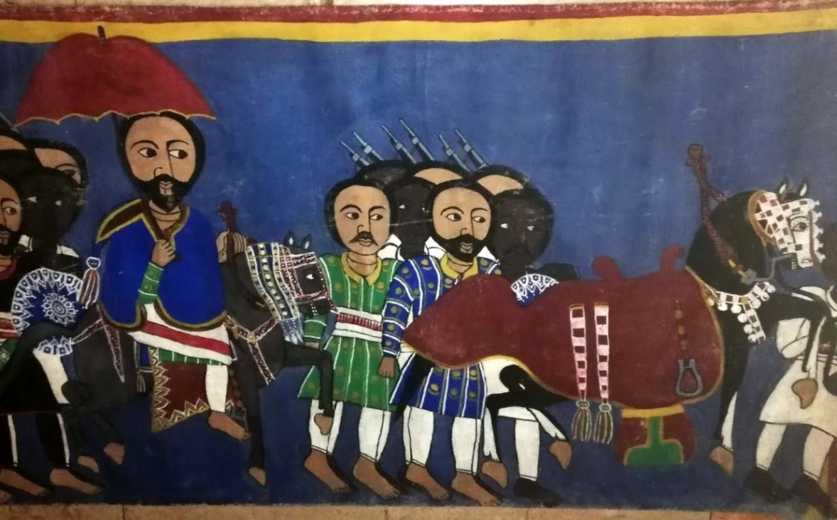 Ancienne  Peinture  Ethiope Sur Toile 'scene Avec l'Empereur'-photo-1