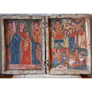 Rare Et Tres Ancienne Icône Copte Avec Des Scènes Religieuses