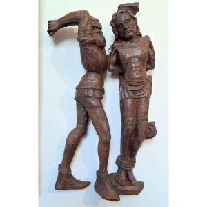 Carved Wooden Gothic Group "the Flagellation Of Christ"