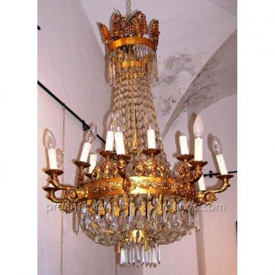 Lustre Mongolfiere  En Metal Dore' Et Cristal Debut XIX°