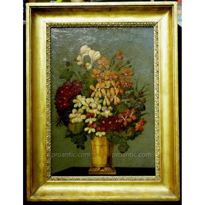 Ancienne Peinture A l'Huile 'vase De Fleurs'