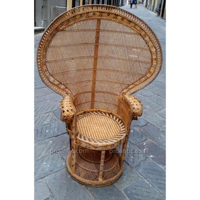 Belle Fauteuil 'Paon' En Canne Et  Osier XX° Siecle 