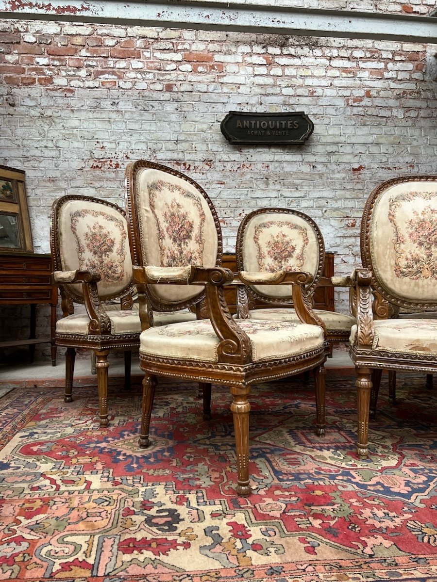 Suite Of Five Armchairs With Medallion Backrest Louis XVI Style-photo-3