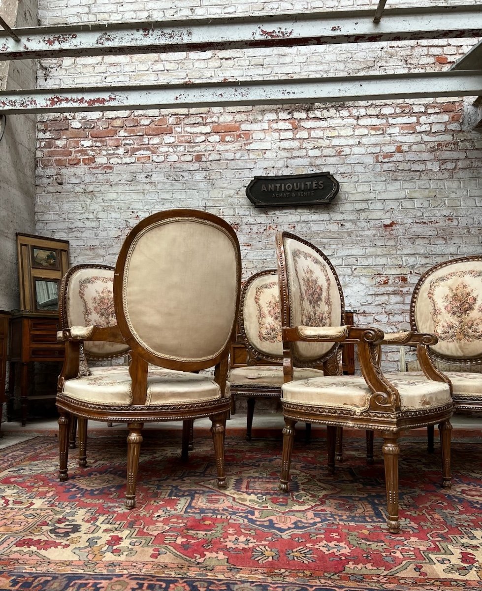 Suite Of Five Armchairs With Medallion Backrest Louis XVI Style-photo-2