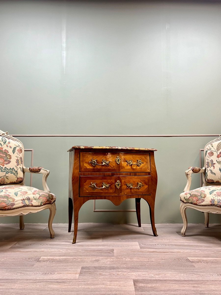 Commode Sauteuse En Marqueterie D’époque Louis XV XVIII Eme Siècle -photo-3