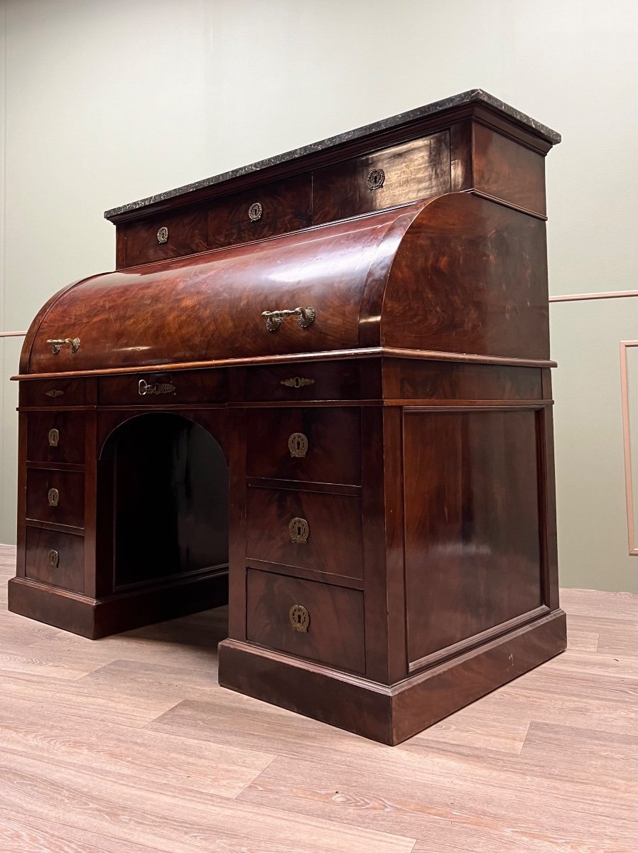 Bureau Cylindre En Acajou Flammé De Style Empire XIX Eme Siècle -photo-4