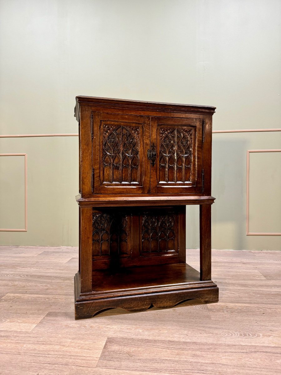 Small Credenza In Natural Wood In Neo-gothic Style 19th Century-photo-3