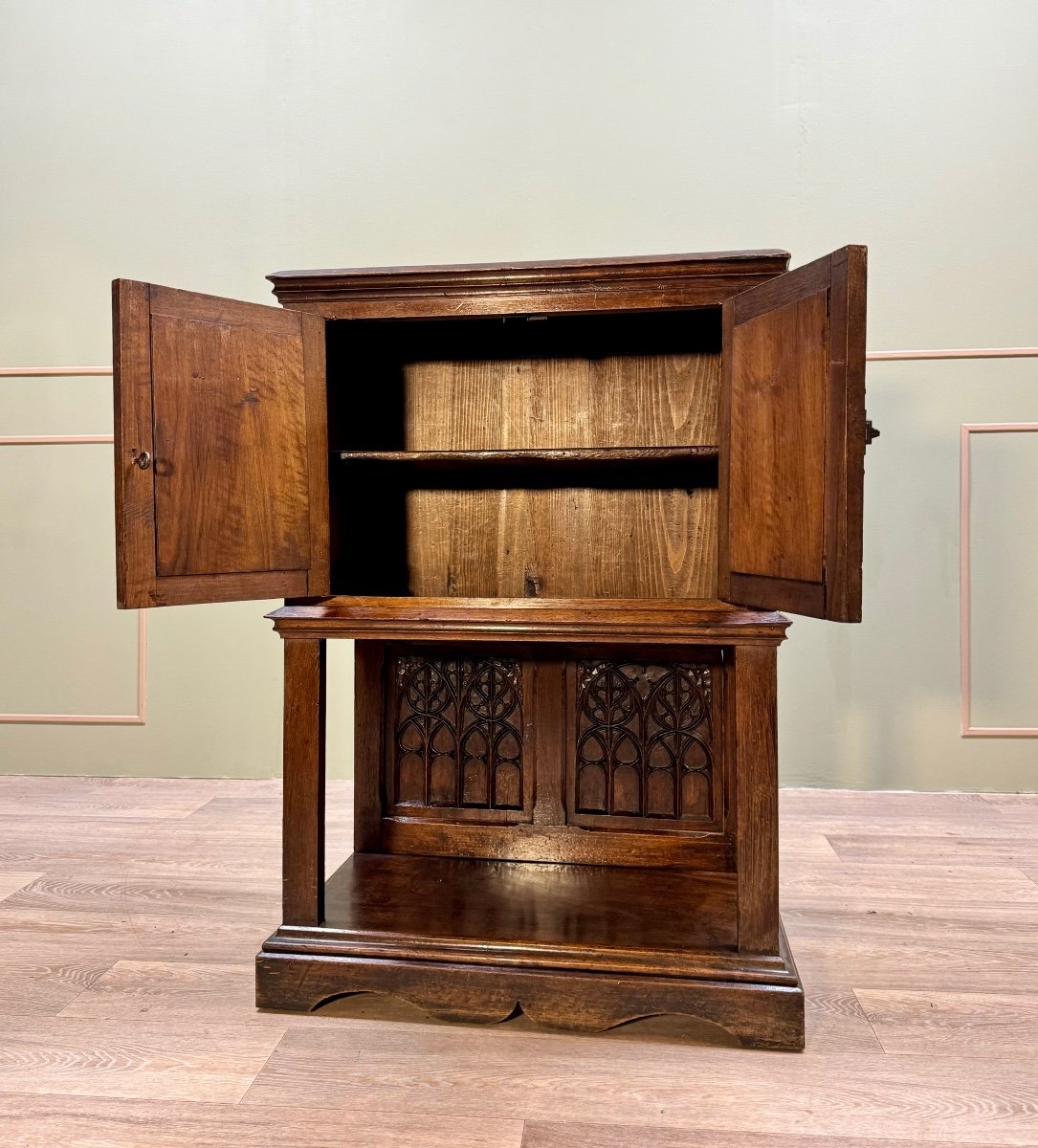 Small Credenza In Natural Wood In Neo-gothic Style 19th Century-photo-4