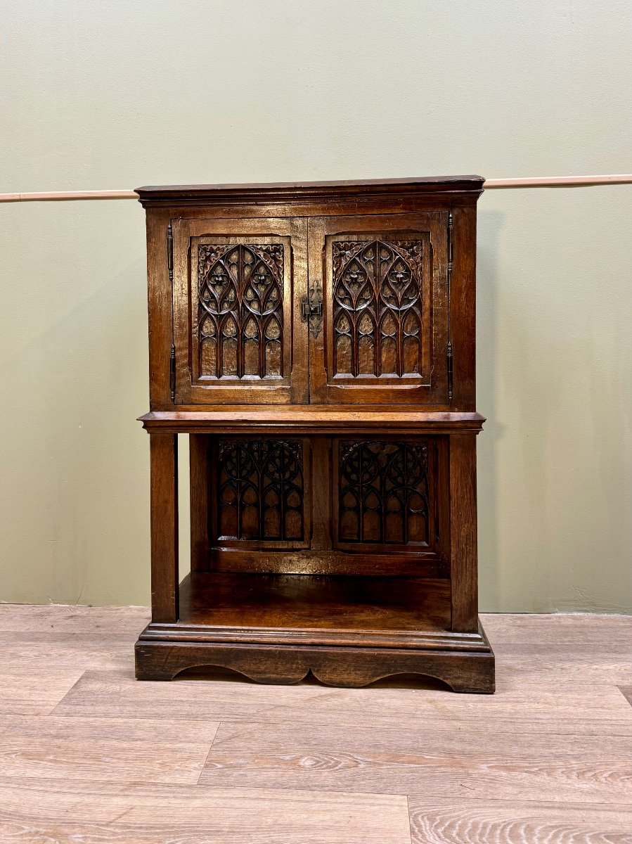 Small Credenza In Natural Wood In Neo-gothic Style 19th Century