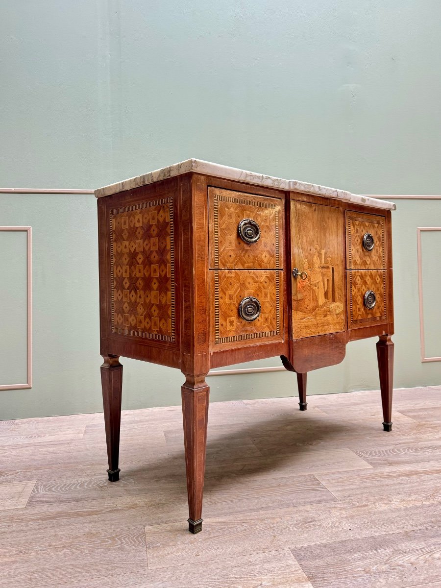 Commode In Marquetry With Central Projection In Transition Style 19th Century -photo-4