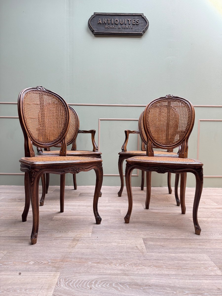Pair Of Armchairs And Two Cane Chairs In Natural Wood Louis XVI Style XIX Eme Century -photo-2