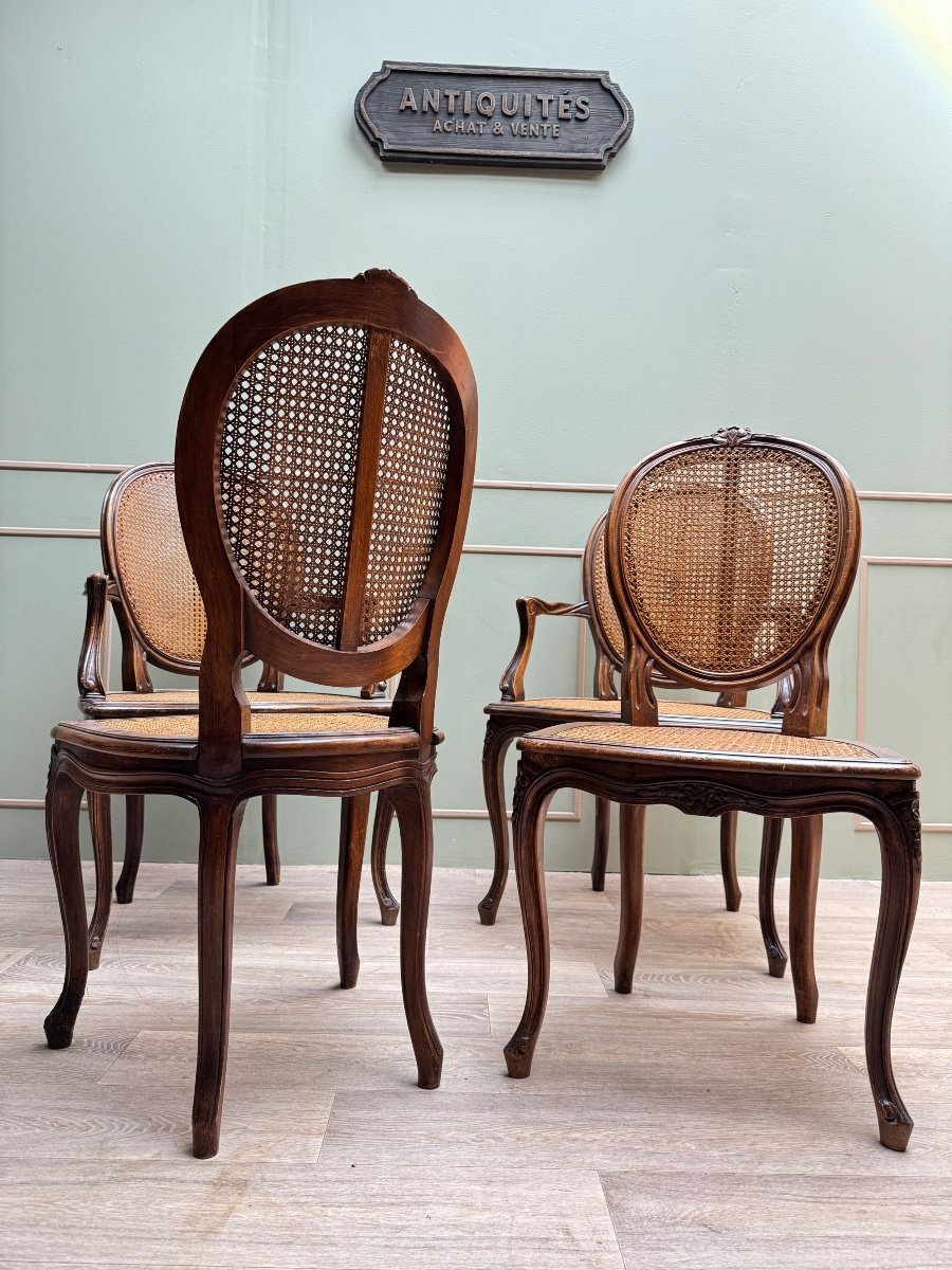 Pair Of Armchairs And Two Cane Chairs In Natural Wood Louis XVI Style XIX Eme Century -photo-1
