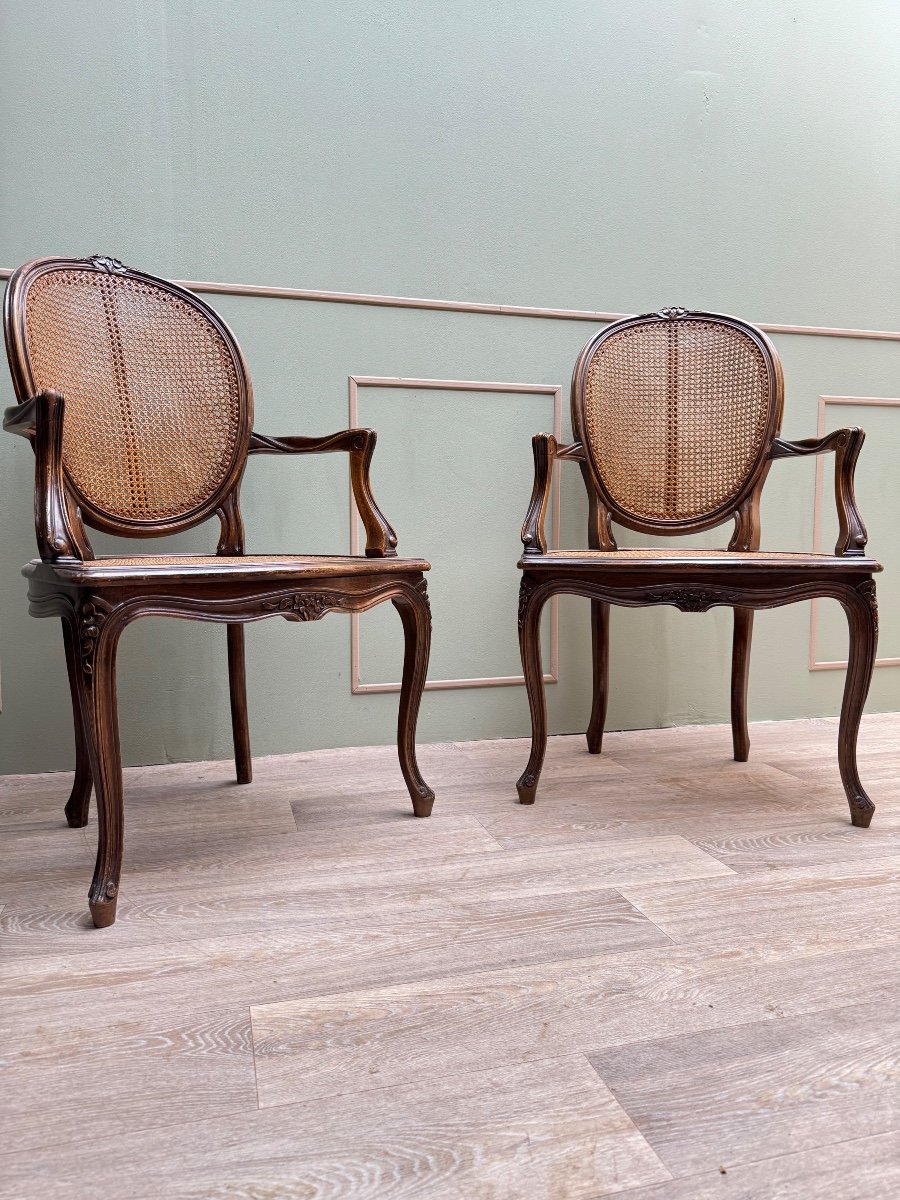 Pair Of Armchairs And Two Cane Chairs In Natural Wood Louis XVI Style XIX Eme Century -photo-3