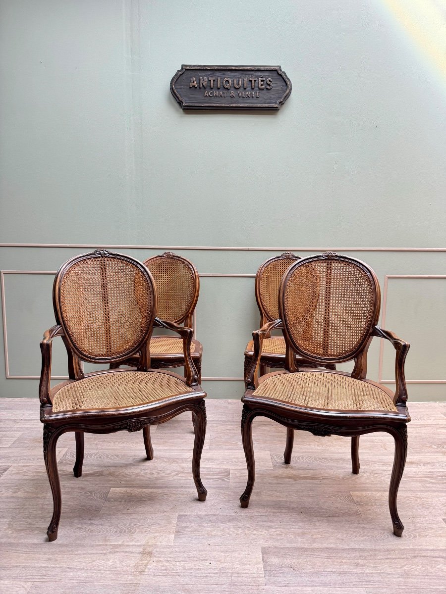 Pair Of Armchairs And Two Cane Chairs In Natural Wood Louis XVI Style XIX Eme Century -photo-4