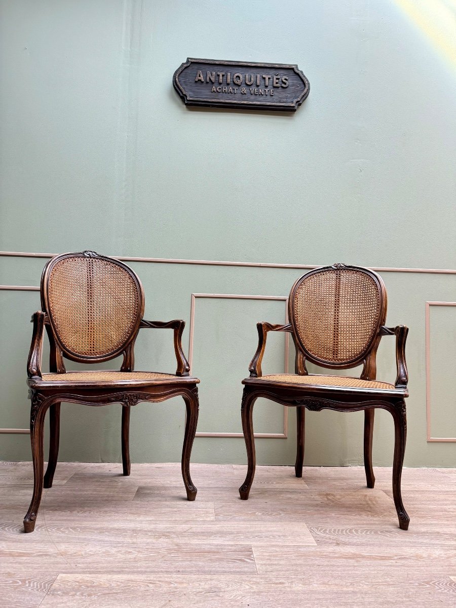 Pair Of Armchairs And Two Cane Chairs In Natural Wood Louis XVI Style XIX Eme Century -photo-5
