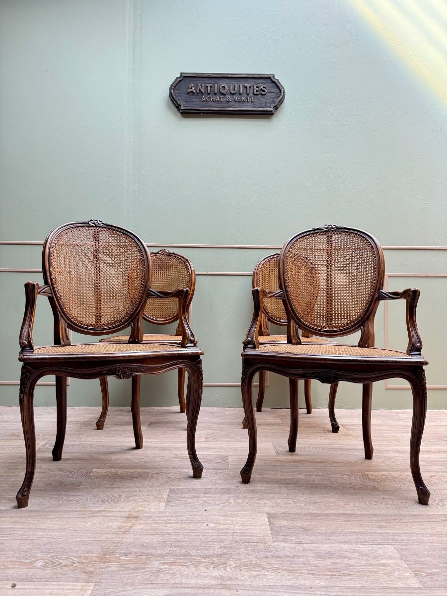 Pair Of Armchairs And Two Cane Chairs In Natural Wood Louis XVI Style XIX Eme Century 