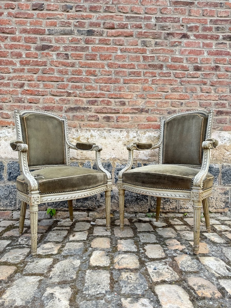 Pair Of Louis XVI Style Lacquered Wood Armchairs XIX Eme Century -photo-3