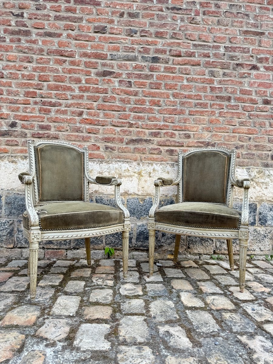 Pair Of Louis XVI Style Lacquered Wood Armchairs XIX Eme Century 