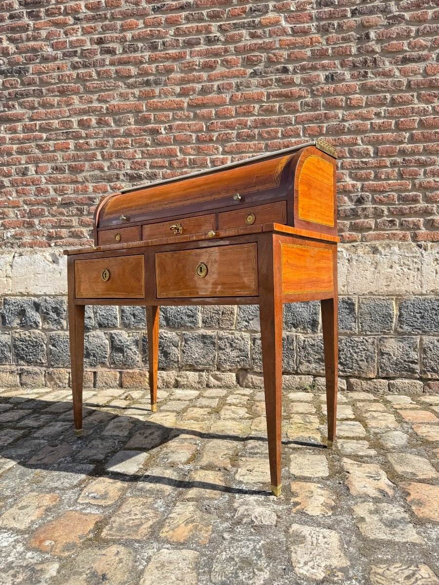 Martin Ohneberg Secretary Desk With Cylinder In Marquetry Louis XVI Period Stamped -photo-2