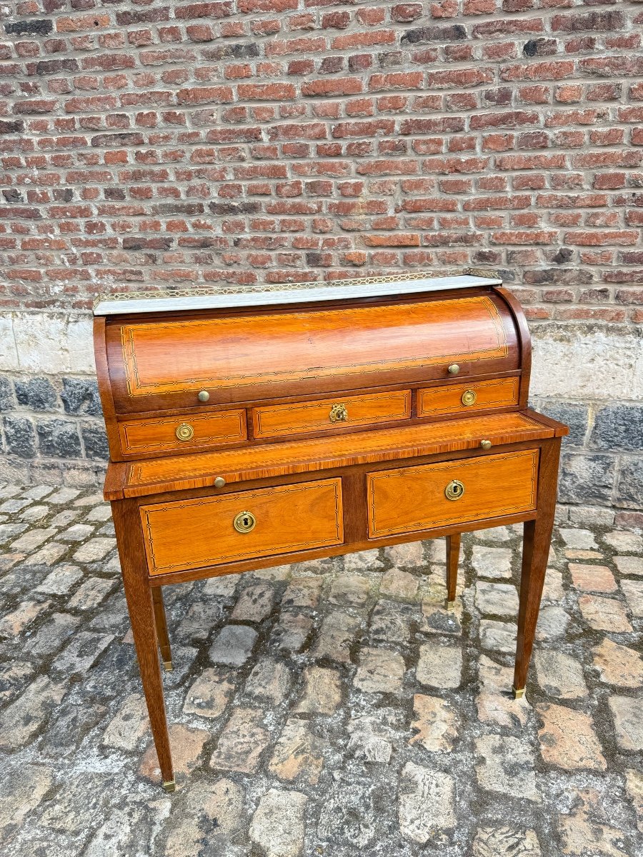 Martin Ohneberg Secretary Desk With Cylinder In Marquetry Louis XVI Period Stamped -photo-1