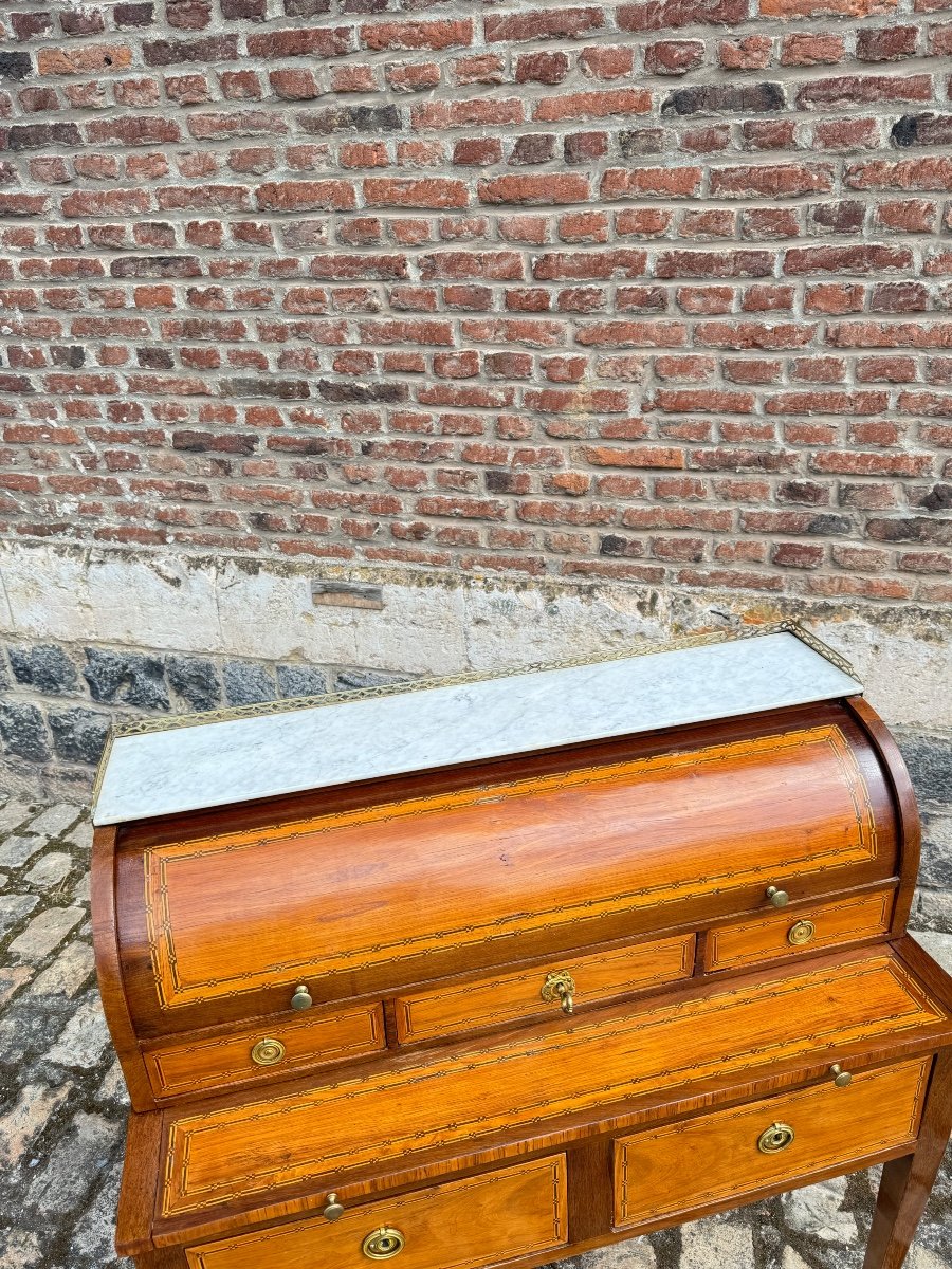 Martin Ohneberg Secretary Desk With Cylinder In Marquetry Louis XVI Period Stamped -photo-5