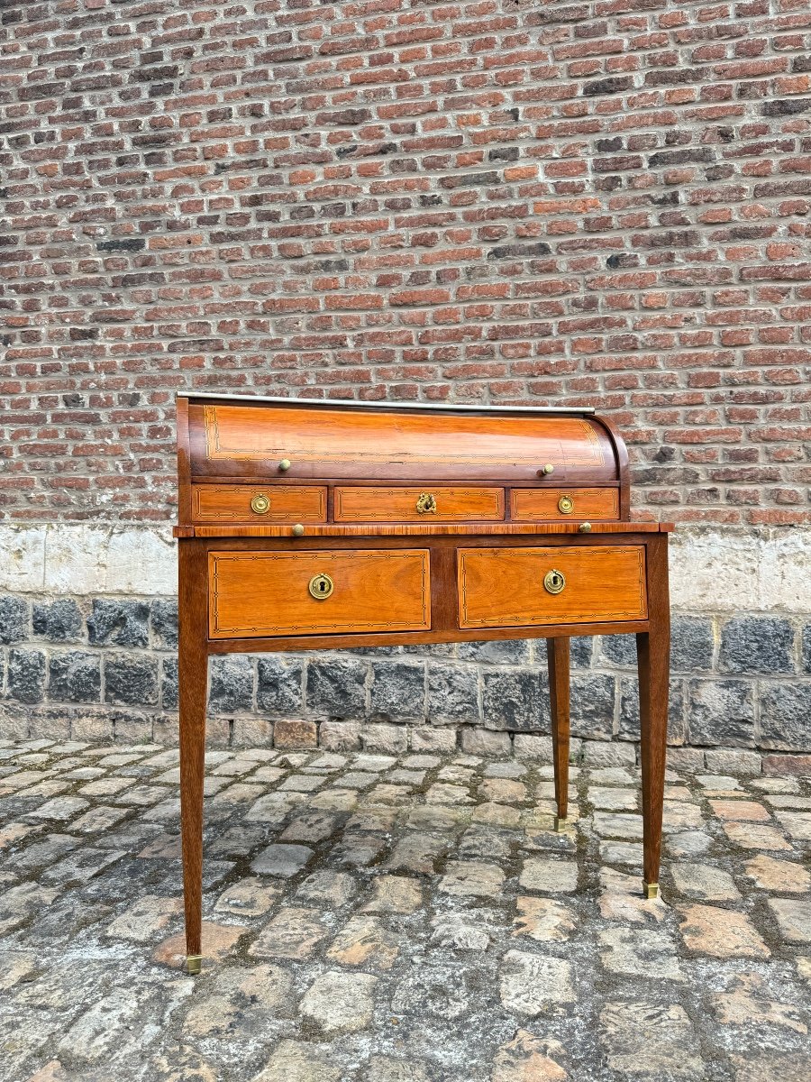 Martin Ohneberg Secretary Desk With Cylinder In Marquetry Louis XVI Period Stamped 
