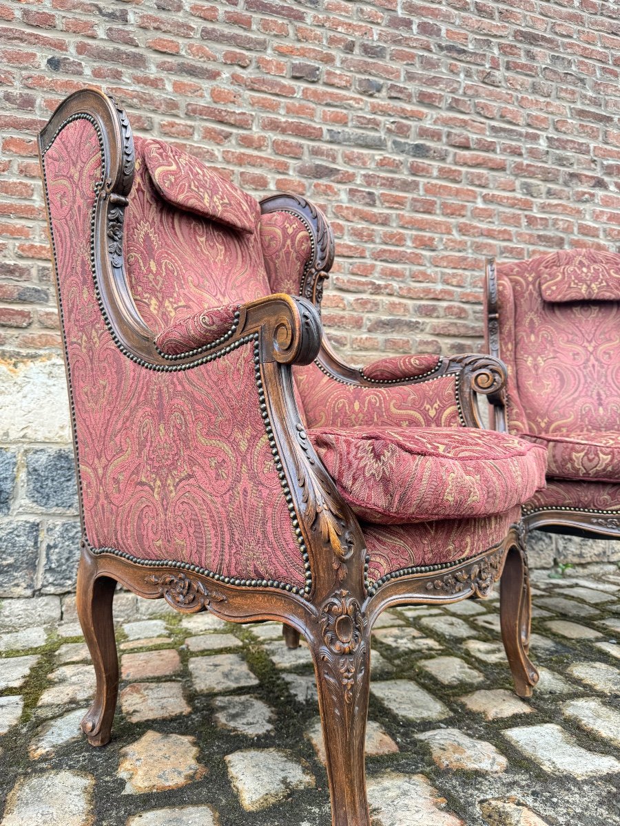 Paire De Bergères à oreilles En Bois Naturel De Style Louis XV-photo-2