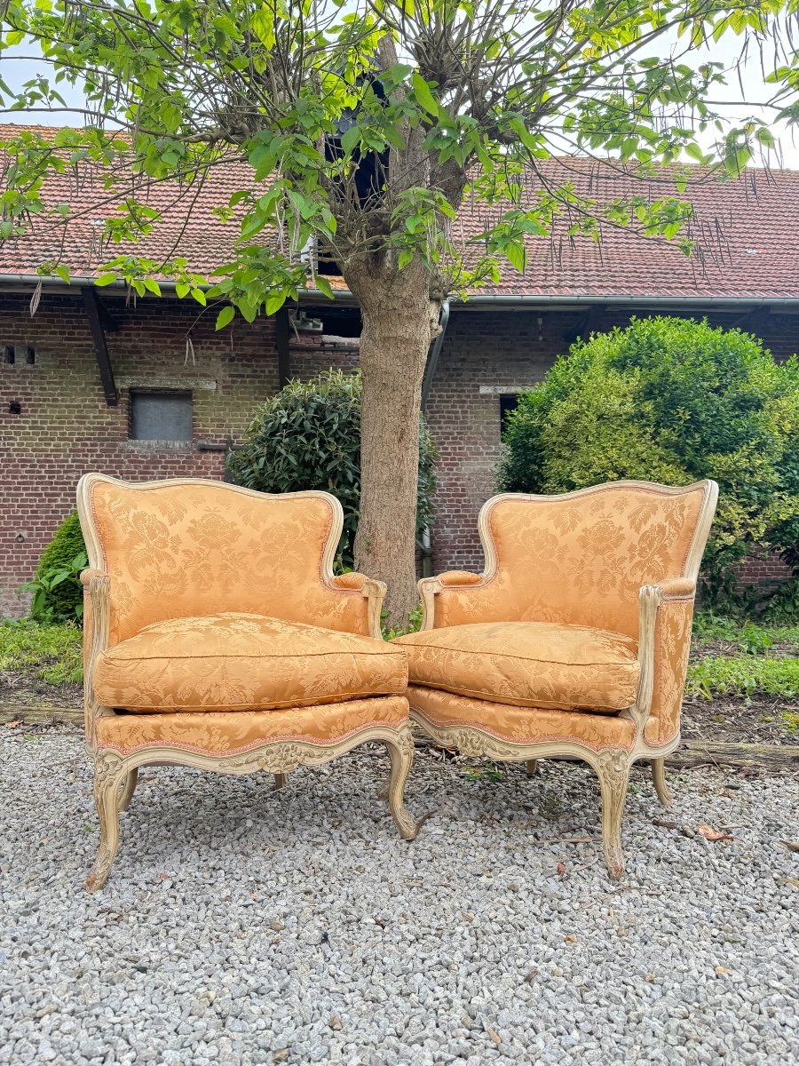 Paire De Large Bergères En Bois Peint De Style Louis XV XIX Eme Siècle -photo-2